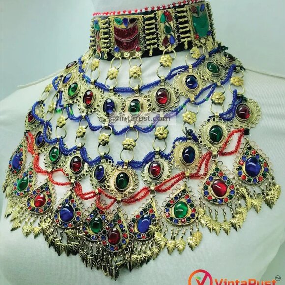 Multicolor Big Unique Choker Necklace, Old Kuchi Afghan Choker Necklace - Picture 6 of 12